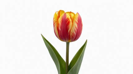 Fototapeta premium A vibrant tulip with red and yellow petals on a white background.