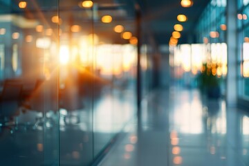 Obraz premium Sunlit modern office hallway with glass walls and blurred interior.