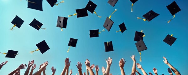 Happy graduates throw caps high into clear blue sky. Many hands reach up in celebration of educational achievement. Joyful moment marks end of stage of learning. Students rejoice at ceremony.