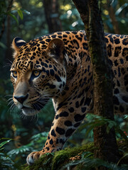 Obraz premium A graceful jaguar with golden fur moves through the greenery.
