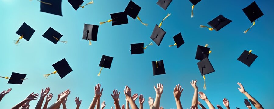 Happy graduates throw caps high into clear blue sky. Many hands reach up in celebration of educational achievement. Joyful moment marks end of stage of learning. Students rejoice at ceremony.