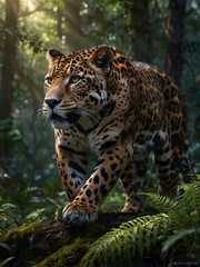 Fototapeta premium A graceful jaguar with golden fur moves through the greenery.