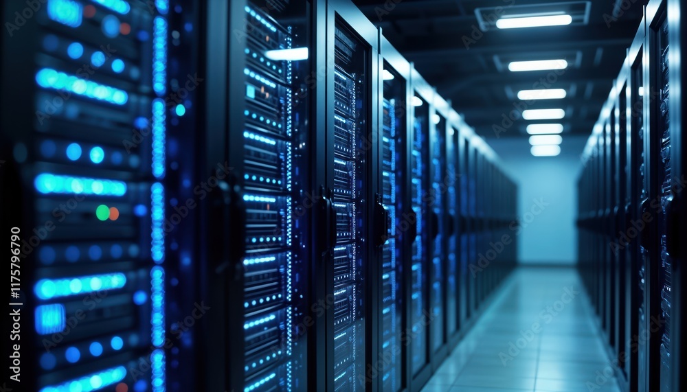 Poster dark datacenter filled with computer racks. rows of server racks lit with blue lights. modern tech i