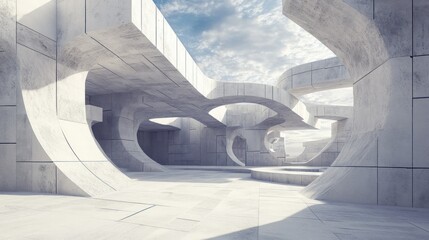 Abstract concrete structure with curves and openings, sunlight illuminating the space.