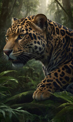 Obraz premium The jungle comes to life: the jaguar glides among moss and leaves.