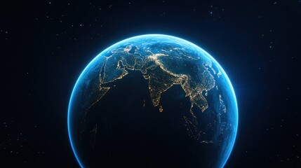 Obraz premium A glowing view of Earth from space, highlighting city lights.