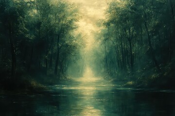 Fototapeta premium Tranquil forest river under soft, mystical light reflecting in serene water during early morning hours