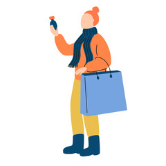Woman Holding Perfume Bottle and Shopping Bag. Minimalist Illustration.