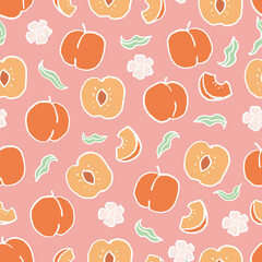 Hand Drawn Peach Ornament Seamless Pattern. Flowers, Peaches, and Leaves on Pastel Background.