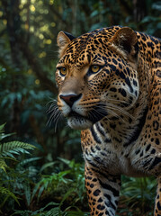 Photorealistic close-up of a jaguar in a dense forest.