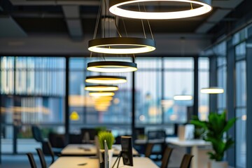 Modern office interior with stylish circular pendant lights.