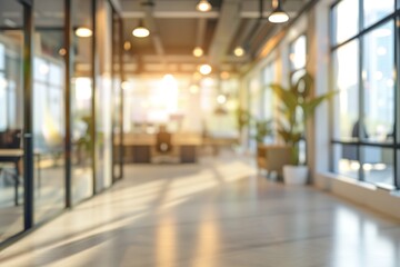 Sunlit modern office space with glass walls and plants