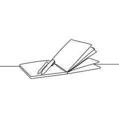 Continuous line art drawing of book and pen or pencil. Opened book single line art drawing illustration. Note book and pen drawing.