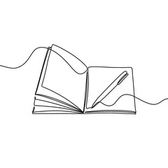 Continuous line art drawing of book and pen or pencil. Opened book single line art drawing illustration. Note book and pen drawing.
