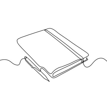 recommend clip art: Continuous line art drawing of book and pen or pencil. Opened book single line art drawing illustration. Note book and pen drawing.