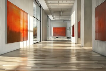 Modern gallery interior with large abstract paintings and hardwood floors.