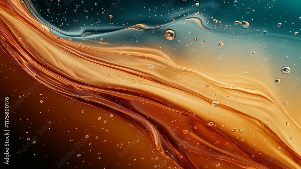 Poster Golden liquid flowing gracefully creates an abstract pattern filled with bubbles, showcasing a smooth and elegant design that captivates with its dynamic motion and rich texture