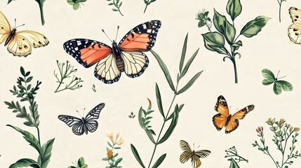Delicate Butterflies in a Harmonious Botanical Tapestry of Hand Drawn Sketches and Watercolors