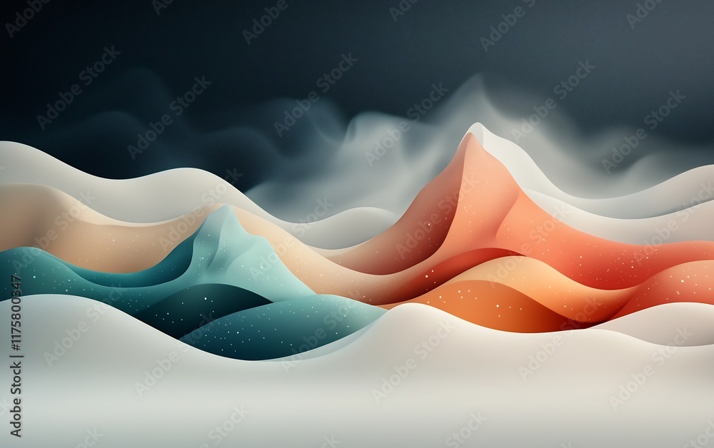 Poster dreamlike abstract background with soft pastel dots and dynamic lines creating a wave like mountain 