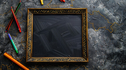 A DIY photo frame with intricate geometric patterns, hand-painted with metallic gold and black, displayed against a textured concrete background with scattered paint markers nearby.