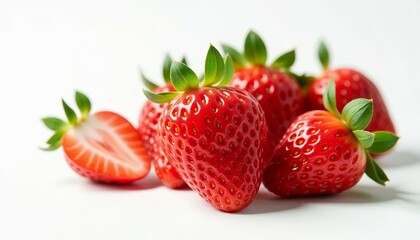 Fresh Strawberries on White Background, Red Ripe Fruit, Closeup View