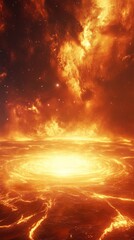 Naklejka premium Stunning Cosmic Scene with Fiery Patterns and Radiant Energy Amidst Celestial Clouds and Starry Background, Evoking the Beauty of the Universe and Its Mysteries