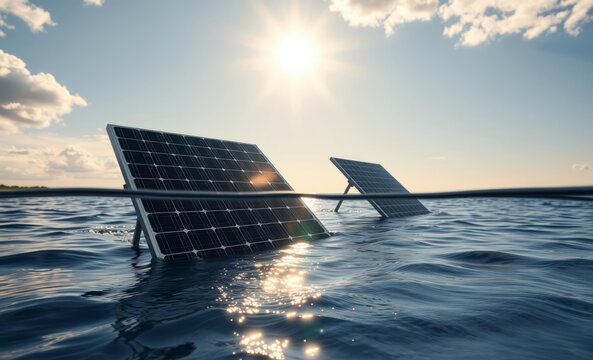 floating solar panels, ocean surface, bright sunlight, reflective water, blue sky with scattered clouds, renewable energy, photorealistic, high contrast, lens flare, environmental technology, futurist - Powered by Adobe
