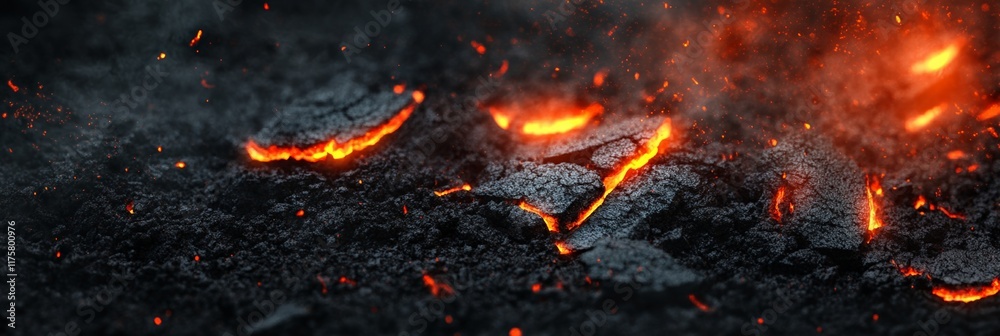 Poster Smoldering ground with cracks and crevices emanating an intense orange glow from the molten lava beneath, creating a dramatic and dangerous scene, with smoke and sparks adding to the intensity