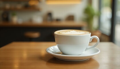 Latte Art Coffee Cup on Wooden Table, Cafe Interior, Drink Photo