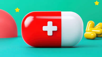 Fototapeta premium vibrant 3D icon of red and white pill with medical cross symbol