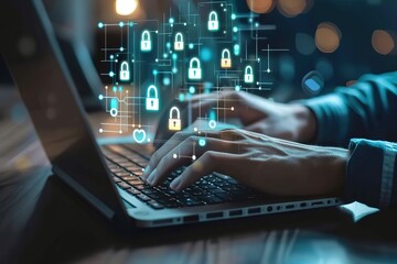 Online security: Hands typing on laptop with digital lock icons.
