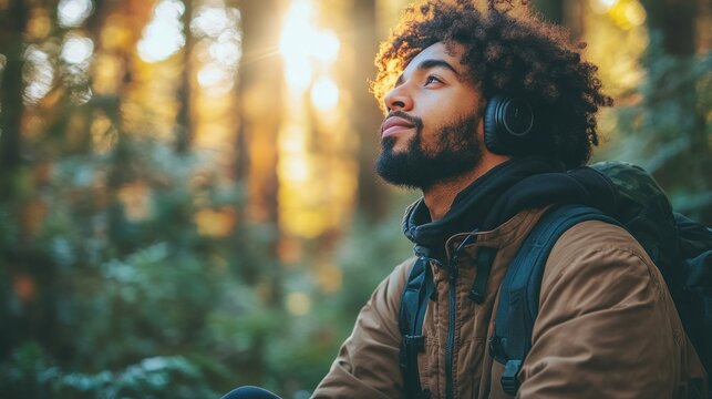 Man Listening to Music in the Forest