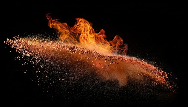 warm spices and seasonings powder splash explosion on black heritage with flame