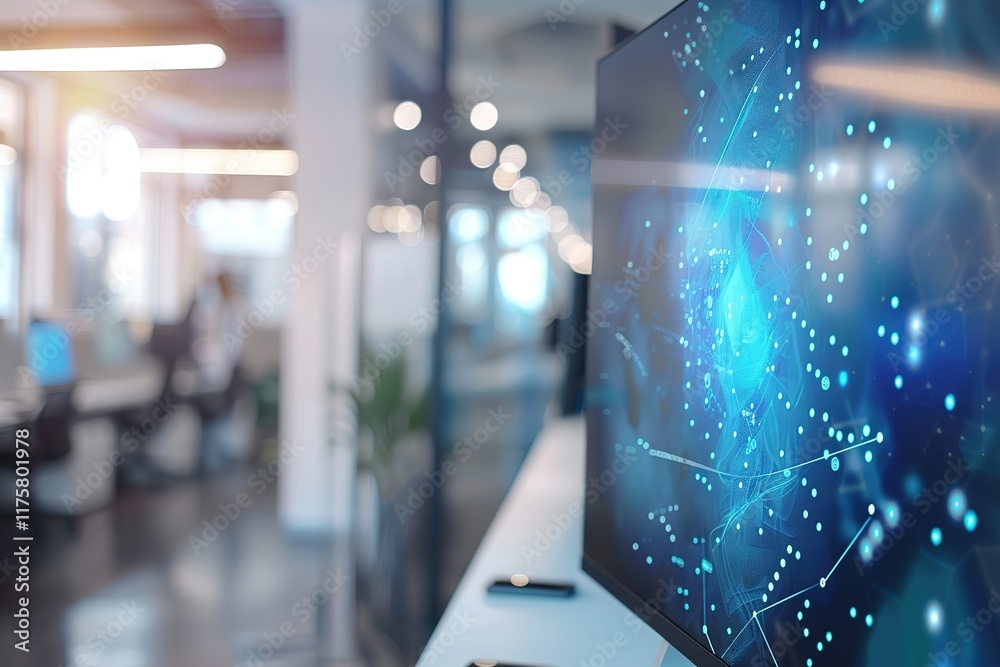 Poster modern office workspace with a large monitor displaying network data.
