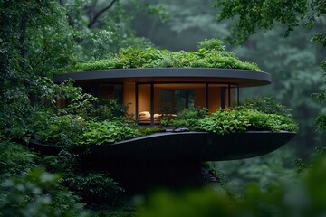 Geothermally powered subterranean dwelling harmoniously integrated with the surrounding lush forest environment featuring energy efficient temperature regulation abundant natural lighting
