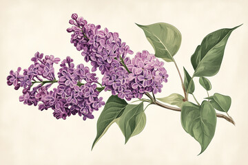 Lilac branch with blossoms in vintage botanical illustration
