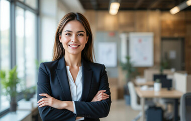 Confident Portrait of a Successful Businesswoman Standing with Arms Crossed Inside a Modern Office Setting