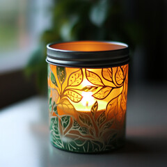 A white tea light candle in an aluminum cup glowing inside a decorated glass jar, perfect for a creative crafting project, adding charm and light to DIY decor.

