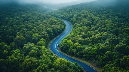 A winding road through a lush green forest under a misty sky.