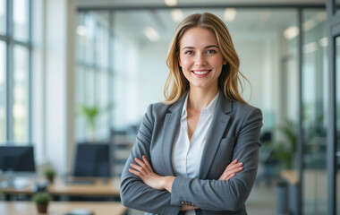Confident Portrait of a Successful Businesswoman Standing with Arms Crossed Inside a Modern Office Setting