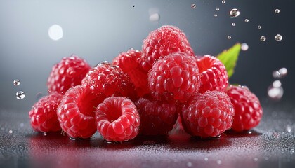 sparkling ripe raspberries on grey background