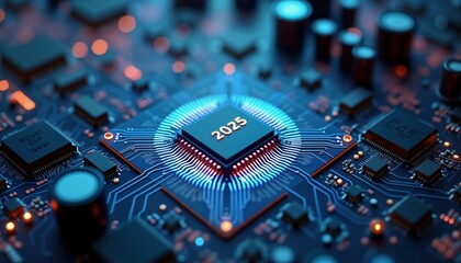 Close-up view of intricate circuit board. Glowing chipset with 2025 showing. Advanced tech details. Modern electronic components. Future tech concept. Complex circuitry pattern. Detailed design.