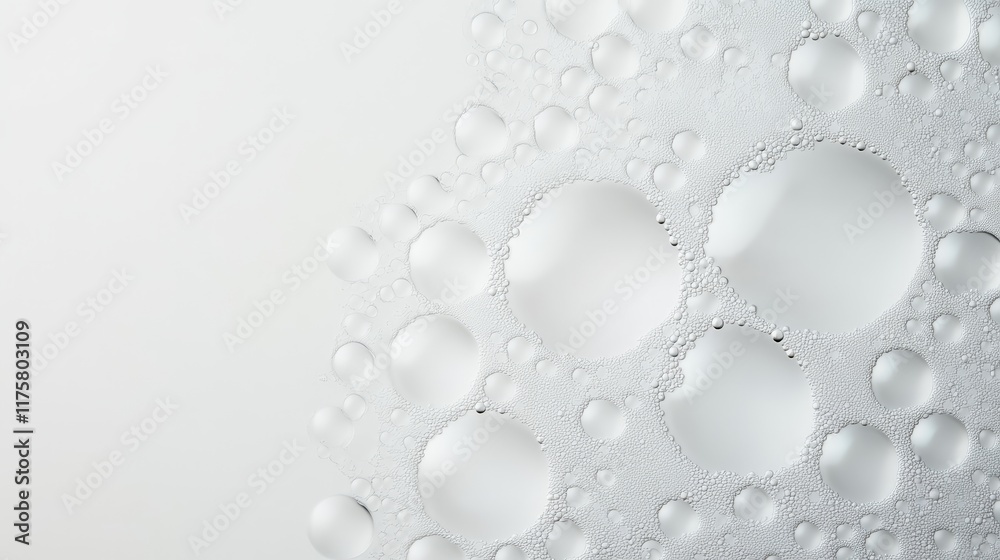 Poster Intriguing close up of clustered water bubbles forming an abstract pattern against a clean white backdrop, showcasing the delicate interplay of light and texture