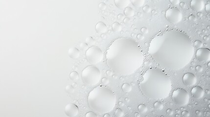 Intriguing close up of clustered water bubbles forming an abstract pattern against a clean white backdrop, showcasing the delicate interplay of light and texture