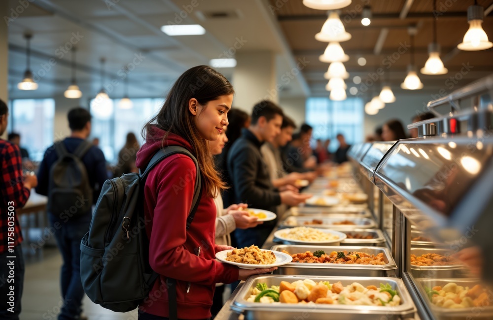 Aufkleber Students from varied backgrounds gather in noisy university cafeteria. Enjoying meals, socializing at food service. Many students actively choosing food from various buffet options. Vibrant campus
