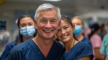 Fototapeta premium Happy clinic diverse team in medical professional uniforms
