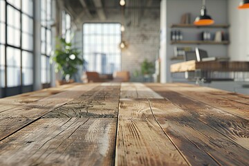 Obraz premium Rustic wooden table in a bright loft space.