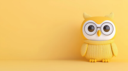 Cute yellow owl with glasses and cozy sweater on pastel background