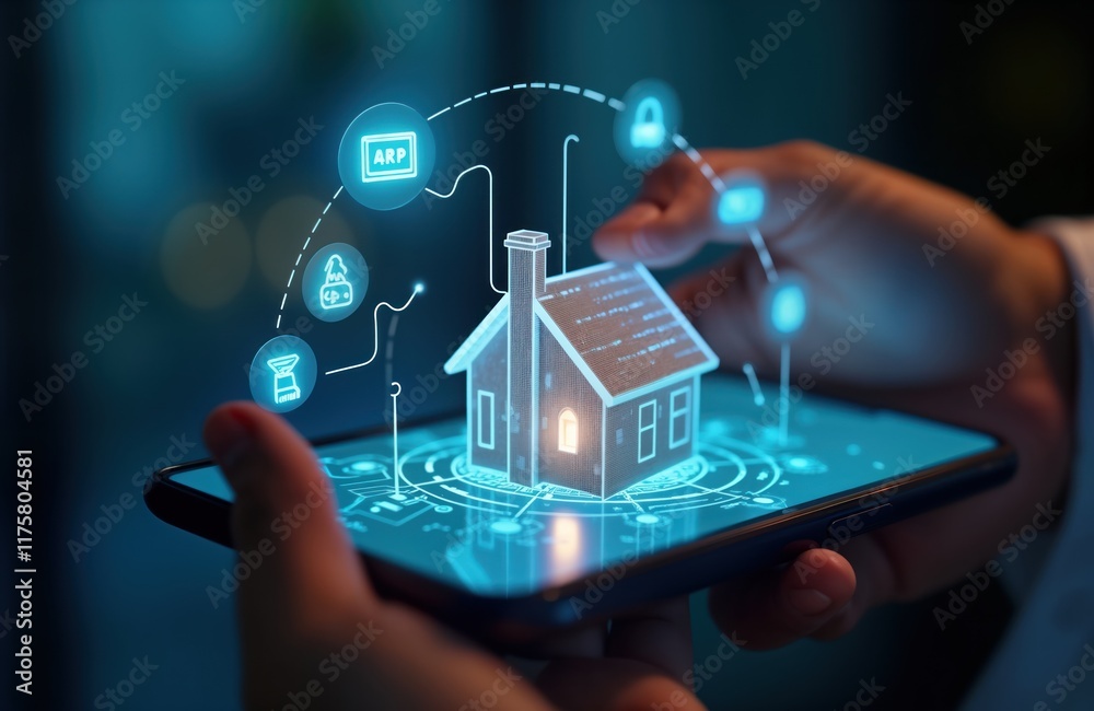 Wall mural hands hold smartphone displaying smart home app. 3d house icon appears on screen. app manages home s