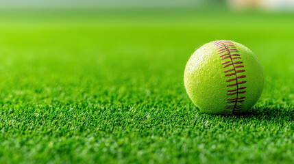 close up of yellow softball resting on green grass, ready for play